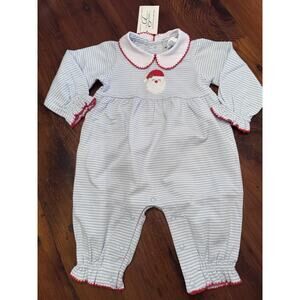 Ishtex Girl's Striped Collared Santa Applique Romper Blue Size 3 Months NWT $56